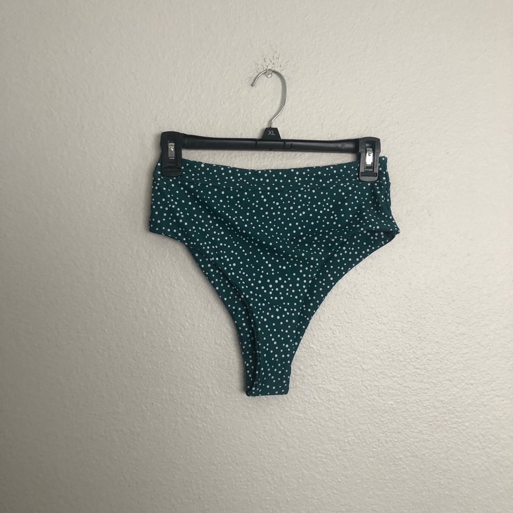 Green and white polka dot high waisted cheeky bikini bottoms